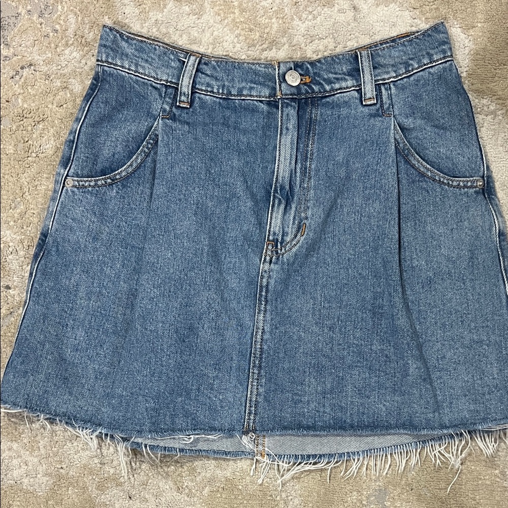 We The Free Distressed Denim Mini Skirt Pleated Raw Hem